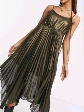AllSaints Gold Metallic Asymmetrical Slip Dress